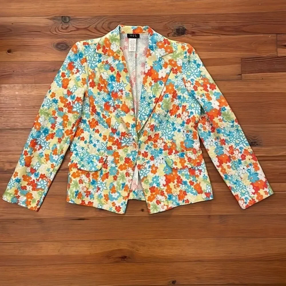 RQT Multicolor Floral Cotton Pique Blazer Jacket Womens Size 12 Vintage Blue - Picture 10 of 12